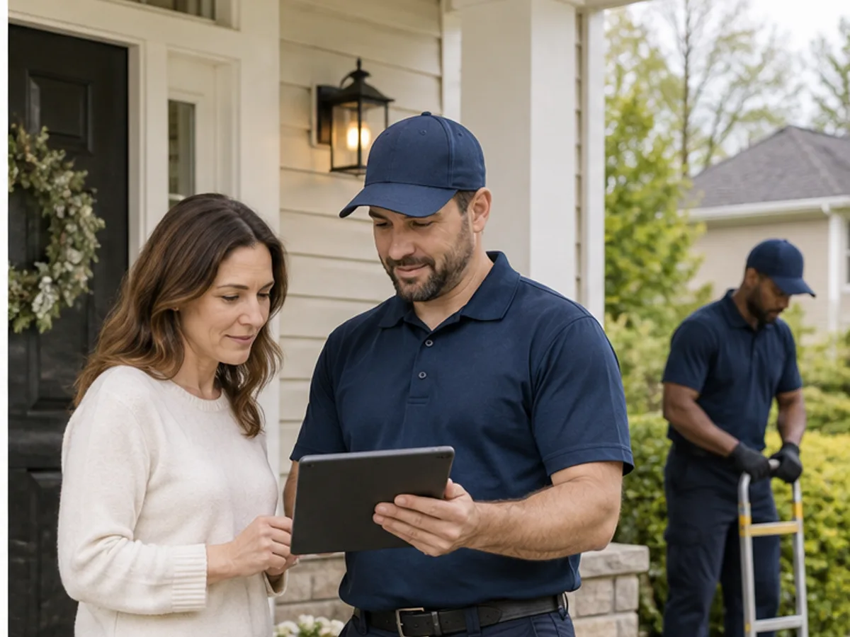 Homeowner reviewing appliance details with a removal worker