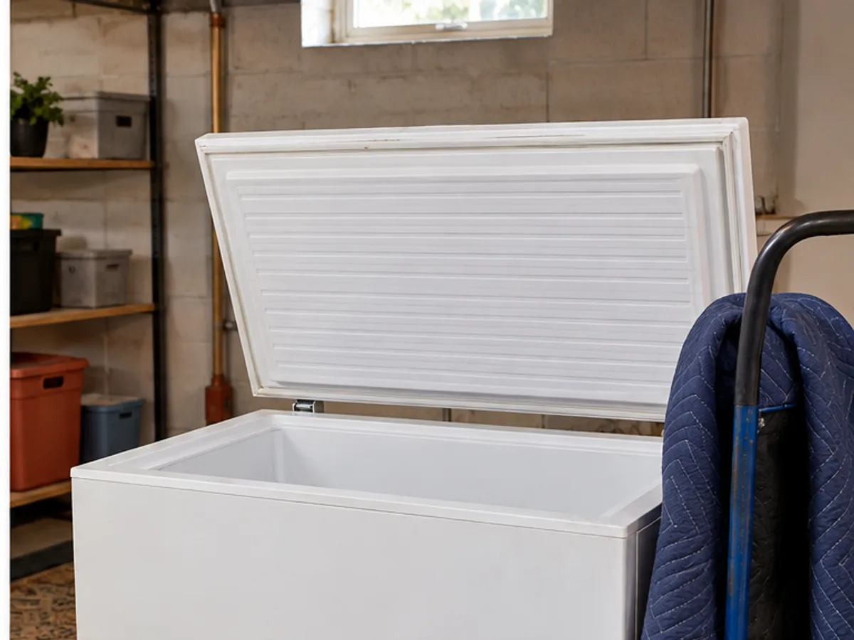 Empty chest freezer prepared on a moving blanket